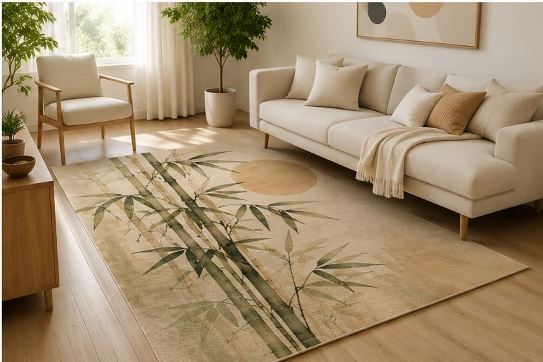ICE ARMOR 5' x 7' Bamboo Botanical Zen Area Rug, Soft Low Pile Indoor Rug with Non-Slip Silicone Backing, Asian Inspired Carpet for Living Room, Bedroom, Office, Family Room, Green Beige