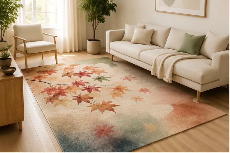ICE ARMOR 5' x 7' Autumn Maple Leaves Area Rug, Soft Low Pile Indoor Rug with Non-Slip Silicone Backing, Seasonal Decorative Carpet for Living Room, Bedroom, Dining Room, Office, Rust Beige