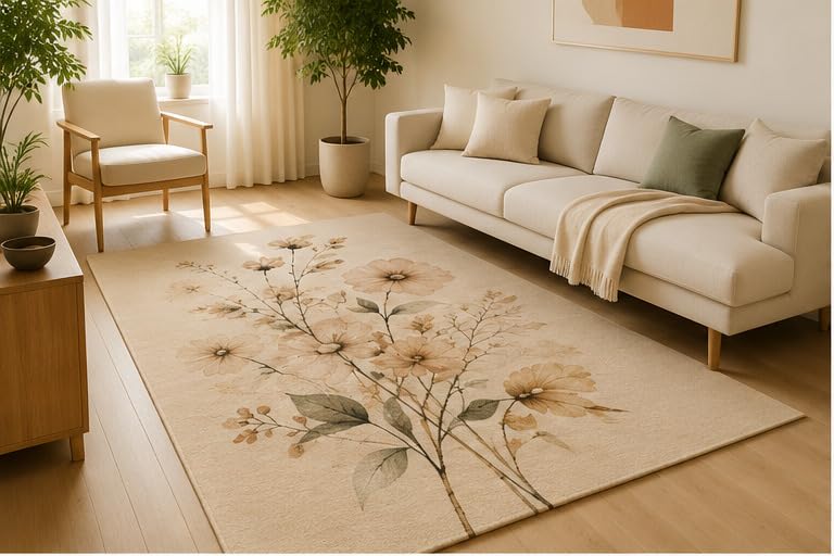 ICE ARMOR 5' x 7' Soft Floral Bouquet Area Rug, Soft Low Pile Indoor Rug with Non-Slip Silicone Backing, Elegant Botanical Carpet for Living Room, Bedroom, Nursery, Office, Beige Taupe