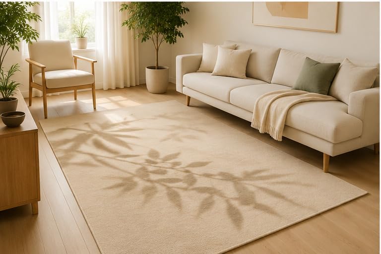 ICE ARMOR 5' x 7' Minimal Leaf Shadow Area Rug, Soft Low Pile Indoor Rug with Non-Slip Silicone Backing, Contemporary Neutral Carpet for Living Room, Bedroom, Office, Family Room, Beige Taupe