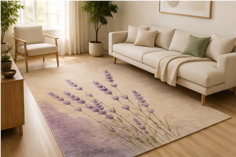 ICE ARMOR 5' x 7' Lavender Floral Botanical Area Rug, Soft Low Pile Indoor Rug with Non-Slip Silicone Backing, Farmhouse Decorative Carpet for Living Room, Bedroom, Nursery, Office, Beige Lavender