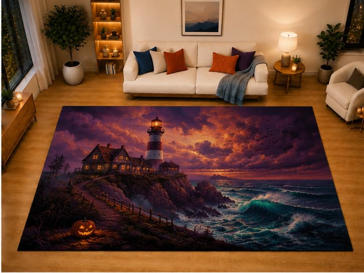 ICE ARMOR "Ultra Light Weight Large 6'7" x 9'10" Halloween Lighthouse Area Rug for Living Room Bedroom Dining Area, Soft Low Pile Non-Slip Backing, Purple Orange Blue Coastal Spooky Decor