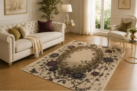 ICE ARMOR 5' x 7' Antique Oval Mirror Rug, Burgundy Flower and Thorn Vine Artwork, Smooth Printed Floor Cover for Bedroom, Dressing Area, Foyer and Vintage Decor