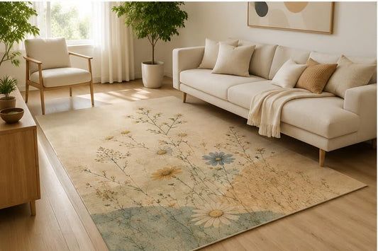 ICE ARMOR 5' x 7' Wildflower Meadow Botanical Area Rug, Soft Low Pile Indoor Rug with Non-Slip Silicone Backing, Vintage Floral Carpet for Living Room, Bedroom, Nursery, Beige Blue