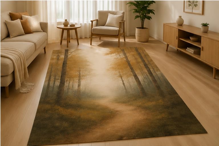 ICE ARMOR 5' x 7' Foggy Woodland Trees Area Rug Soft Low Pile Indoor Rug with Non-Slip Silicone Backing Forest Decor Carpet for Living Room Bedroom Dining Room Office Family Room Brown Green