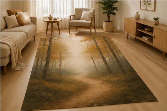 ICE ARMOR 5' x 7' Foggy Woodland Trees Area Rug Soft Low Pile Indoor Rug with Non-Slip Silicone Backing Forest Decor Carpet for Living Room Bedroom Dining Room Office Family Room Brown Green
