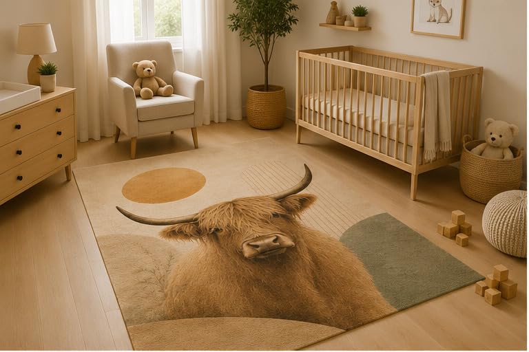 ICE ARMOR 5' x 7' Highland Cow Farmhouse Area Rug, Soft Low Pile Indoor Rug with Non-Slip Silicone Backing, Rustic Animal Carpet for Living Room, Bedroom, Nursery, Family Room, Brown Beige