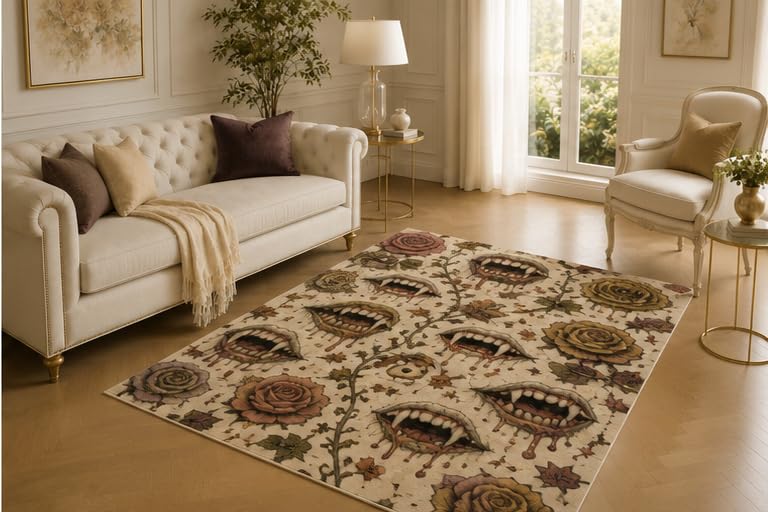 ICE ARMOR 5' x 7' Monster Mouth Rose Rug, Creeping Vine Teeth and Floral Artwork, Smooth Printed Floor Cover for Bedroom, Library, Office and Macabre Decor