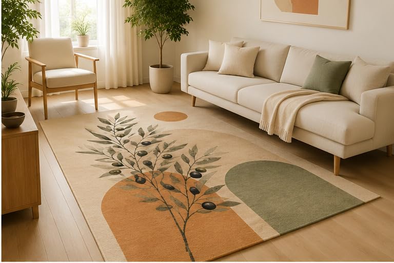 ICE ARMOR 5' x 7' Olive Branch Botanical Area Rug, Soft Low Pile Indoor Rug, Non-Slip Silicone Backing, Mediterranean Nature Carpet for Living Room, Bedroom, Dining Room, Office, Beige Olive Green
