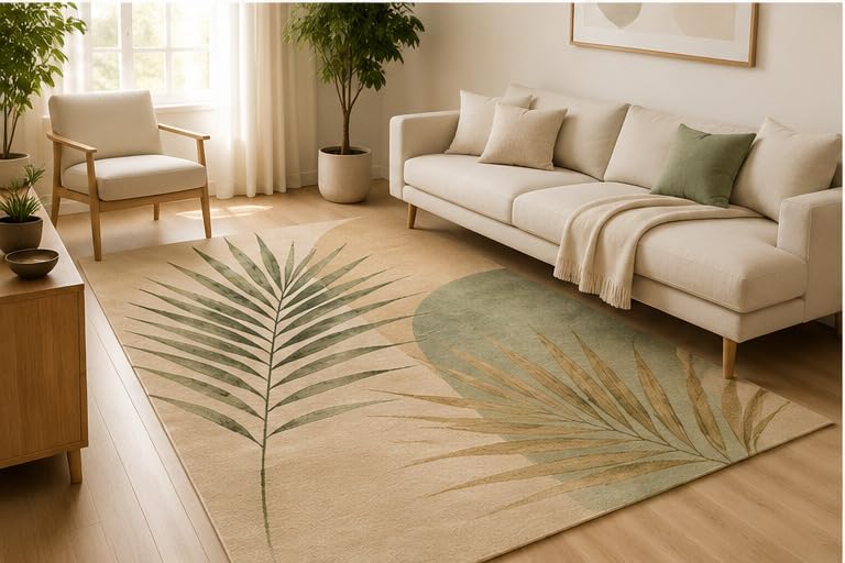 ICE ARMOR 5' x 7' Tropical Palm Leaf Botanical Area Rug, Soft Low Pile Indoor Rug, Non-Slip Silicone Backing, Nature Inspired Carpet for Living Room, Bedroom, Office, Family Room, Beige Sage Green