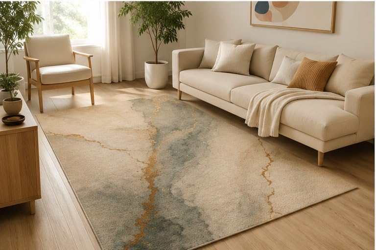 ICE ARMOR 5' x 7' Marble Inspired Abstract Area Rug, Soft Low Pile Indoor Rug with Non-Slip Silicone Backing, Modern Carpet for Living Room, Bedroom, Dining Room, Office, Beige Gray