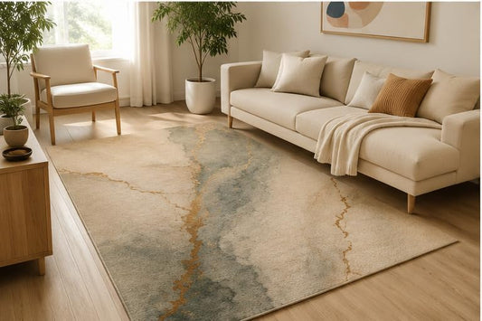ICE ARMOR 5' x 7' Marble Inspired Abstract Area Rug, Soft Low Pile Indoor Rug with Non-Slip Silicone Backing, Modern Carpet for Living Room, Bedroom, Dining Room, Office, Beige Gray
