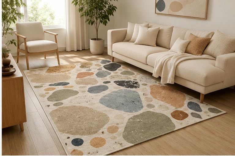 ICE ARMOR 5' x 7' Modern Pebble Abstract Area Rug, Soft Low Pile Indoor Rug with Non-Slip Silicone Backing, Contemporary Carpet for Living Room, Bedroom, Office, Family Room, Beige Blue