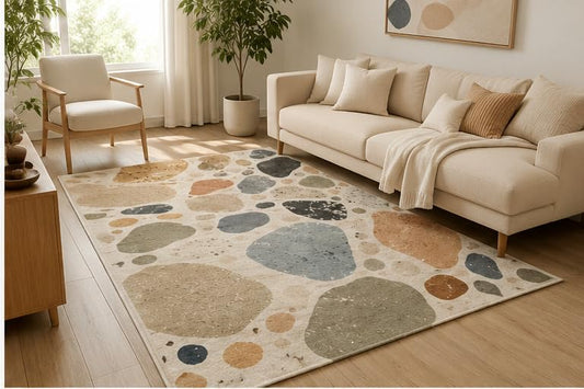 ICE ARMOR 5' x 7' Modern Pebble Abstract Area Rug, Soft Low Pile Indoor Rug with Non-Slip Silicone Backing, Contemporary Carpet for Living Room, Bedroom, Office, Family Room, Beige Blue