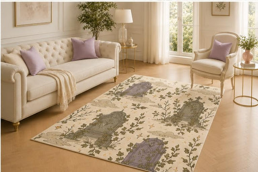 ICE ARMOR 5' x 7' Gothic Gravestone Rug, Ivy Cloud and Starry Cemetery Motif, Lightweight Anti-Skid Mat for Bedroom, Study, Hallway and Halloween Decor