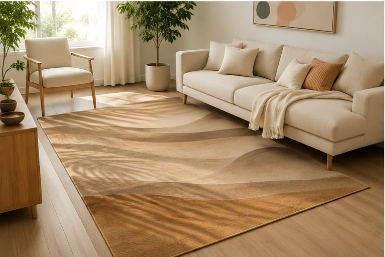 ICE ARMOR 5' x 7' Neutral Sand Wave Abstract Area Rug, Soft Low Pile Indoor Rug with Non-Slip Silicone Backing, Minimalist Carpet for Living Room, Bedroom, Office, Family Room, Beige Brown