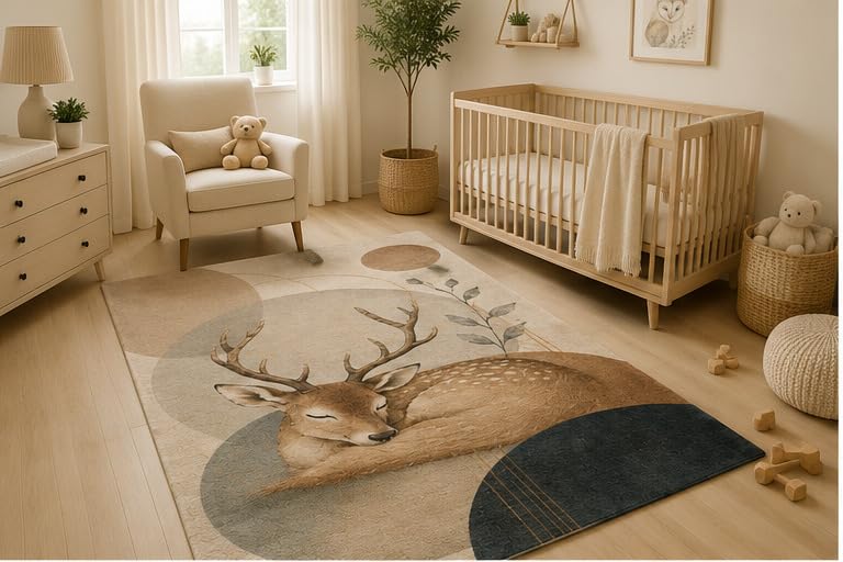 ICE ARMOR 5' x 7' Sleeping Deer Woodland Area Rug, Soft Low Pile Indoor Rug with Non-Slip Silicone Backing, Forest Animal Carpet for Nursery, Kids Room, Playroom, Bedroom, Kids and Pets, Beige Brown