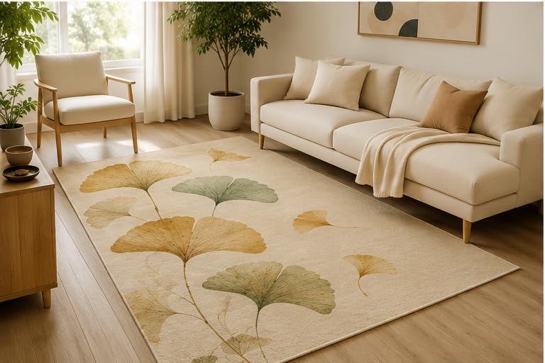 ICE ARMOR 5' x 7' Ginkgo Leaf Botanical Area Rug, Soft Low Pile Indoor Rug with Non-Slip Silicone Backing, Contemporary Nature Carpet for Living Room, Bedroom, Dining Room, Office, Beige Sage Green