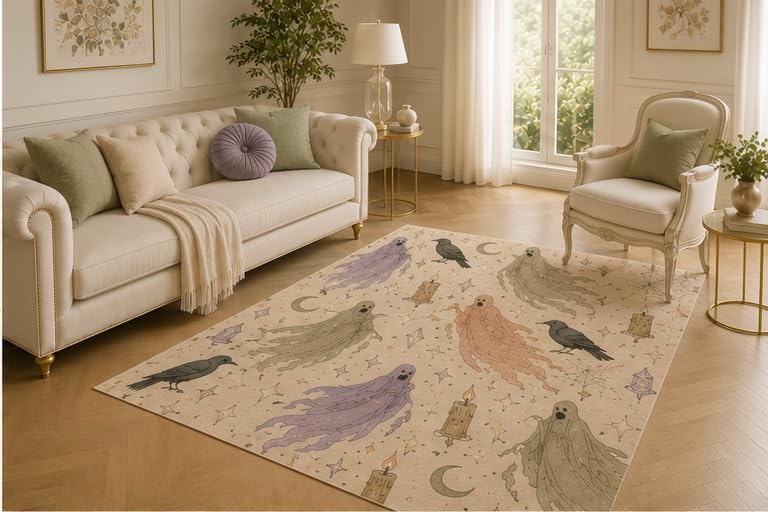 ICE ARMOR 5' x 7' Pastel Ghost Raven Rug, Candle Moon and Crystal Motif, Lightweight Anti-Skid Indoor Mat for Nursery, Bedroom, Playroom and Whimsical Decor