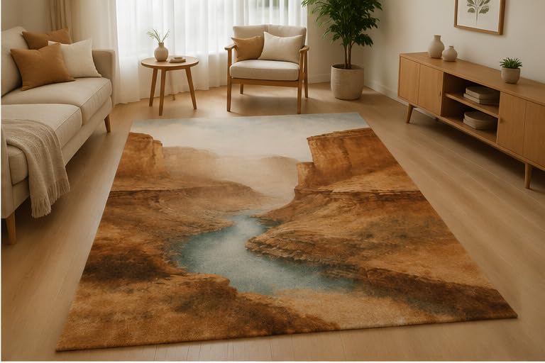 ICE ARMOR 5' x 7' Canyon River Valley Area Rug Soft Low Pile Indoor Rug with Non-Slip Silicone Backing Scenic Nature Carpet for Living Room Bedroom Dining Room Office Family Room Brown Beige