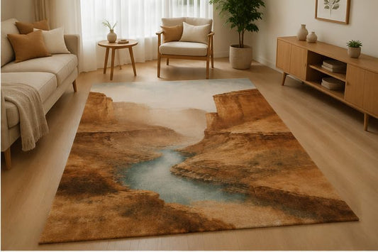 ICE ARMOR 5' x 7' Canyon River Valley Area Rug Soft Low Pile Indoor Rug with Non-Slip Silicone Backing Scenic Nature Carpet for Living Room Bedroom Dining Room Office Family Room Brown Beige