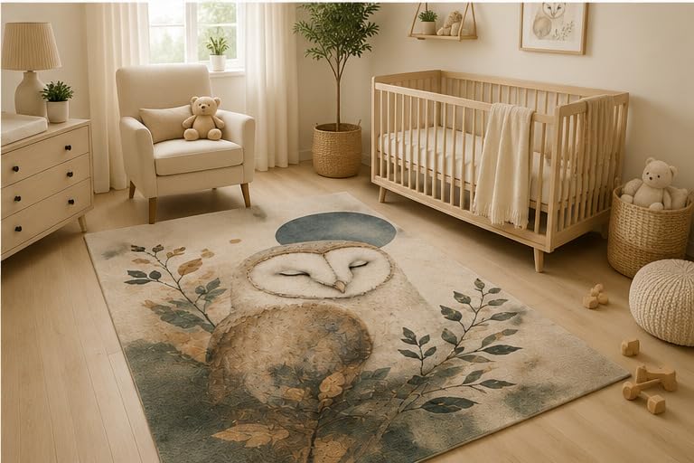 ICE ARMOR 5' x 7' Sleeping Owl Woodland Area Rug, Soft Low Pile Indoor Rug with Non-Slip Silicone Backing, Forest Animal Carpet for Nursery, Kids Room, Playroom, Bedroom, Kids and Pets, Beige Brown