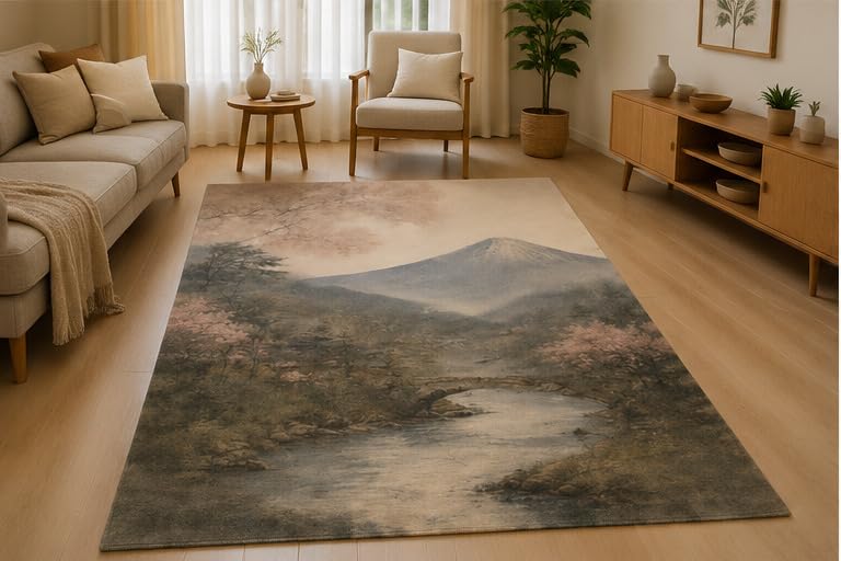 ICE ARMOR 5' x 7' Mountain Lake Reflection Area Rug Soft Low Pile Indoor Rug with Non-Slip Silicone Backing Nature Decor Carpet for Living Room Bedroom Dining Room Office Family Room Beige Green