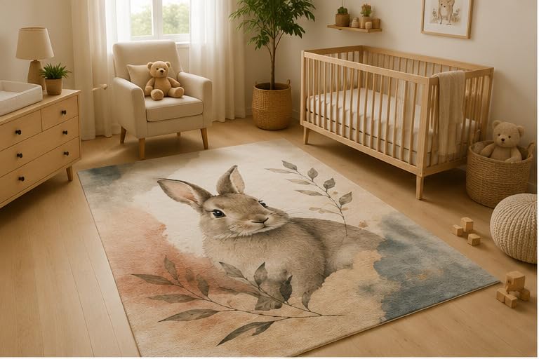 ICE ARMOR 5' x 7' Woodland Bunny Rabbit Area Rug, Soft Low Pile Indoor Rug with Non-Slip Silicone Backing, Cute Animal Carpet for Nursery, Kids Room, Playroom, Bedroom, Kids and Pets, Beige Blue