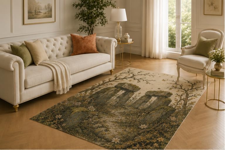 ICE ARMOR 5' x 7' Hooded Figure Rug, Shadowed Woodland Procession Artwork, Smooth Printed Floor Cover for Hallway, Study, Lounge and Mysterious Gothic Decor