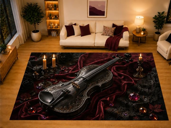ICE ARMOR "Ultra Light Weight Large 6'7" x 9'10" Black Violin Gothic Area Rug for Living Room Bedroom Dining Area, Soft Low Pile Non-Slip Backing, Burgundy Black Victorian Music Decor