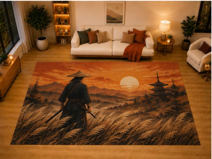 ICE ARMOR "Ultra Light Weight Large 6'7" x 9'10" Sunset Ronin Field Area Rug for Living Room Bedroom Dining Area, Soft Low Pile Non-Slip Backing, Orange Black Beige Eastern Decor