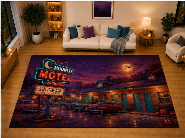 ICE ARMOR "Ultra Light Weight Large 6'7" x 9'10" Moonlit Motel Halloween Area Rug for Living Room Bedroom Dining Area, Soft Low Pile Non-Slip Backing, Purple Orange Teal Retro Motel Decor