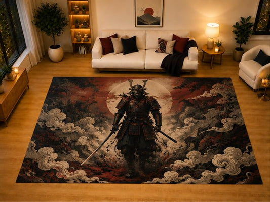 ICE ARMOR "Ultra Light Weight Large 6'7" x 9'10" Moonlit Swordsman Area Rug for Living Room Bedroom Dining Area, Soft Low Pile Non-Slip Backing, Red Black Beige Asian Inspired Decor
