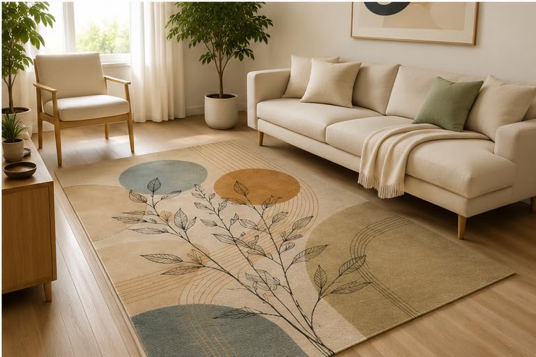 ICE ARMOR 5' x 7' Minimal Botanical Line Art Area Rug, Soft Low Pile Indoor Rug with Non-Slip Silicone Backing, Modern Decorative Carpet for Living Room, Bedroom, Office, Family Room, Beige Blue