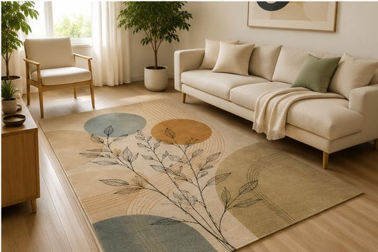 ICE ARMOR 5' x 7' Minimal Botanical Line Art Area Rug, Soft Low Pile Indoor Rug with Non-Slip Silicone Backing, Modern Decorative Carpet for Living Room, Bedroom, Office, Family Room, Beige Blue