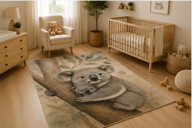 ICE ARMOR 5' x 7' Koala and Baby Woodland Area Rug, Soft Low Pile Indoor Rug with Non-Slip Silicone Backing, Cute Animal Carpet for Nursery, Kids Room, Playroom, Bedroom, Kids and Pets, Beige Gray