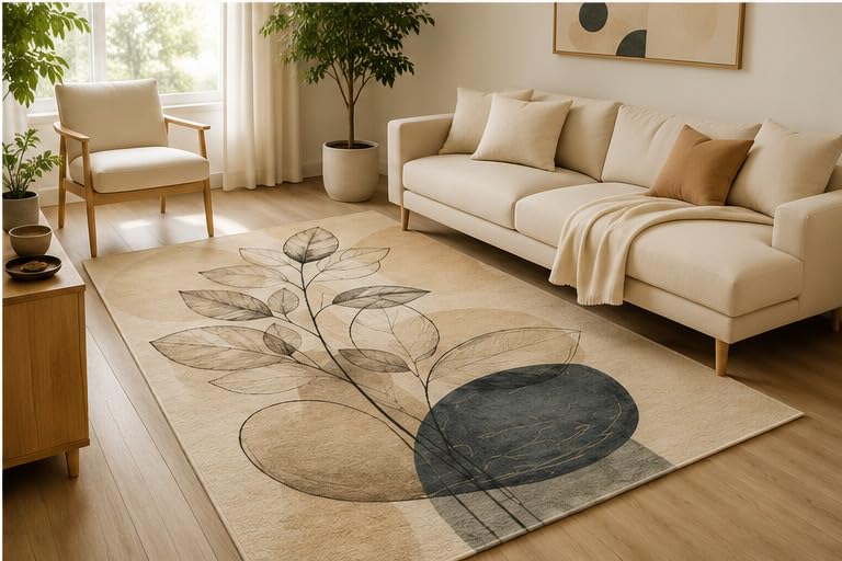 ICE ARMOR 5' x 7' Botanical Line Art Leaves Area Rug, Soft Low Pile Indoor Rug with Non-Slip Silicone Backing, Modern Decorative Carpet for Living Room, Bedroom, Office, Family Room, Beige Charcoal