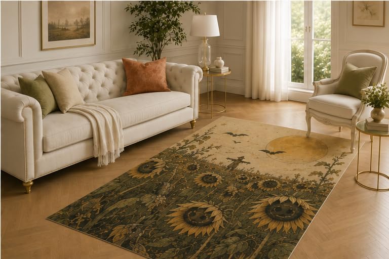 ICE ARMOR 5' x 7' Haunted Sunflower Rug, Smiling Bloom Field Beneath Amber Moon Artwork, Smooth Printed Floor Cover for Living Room, Entryway and Halloween Decor