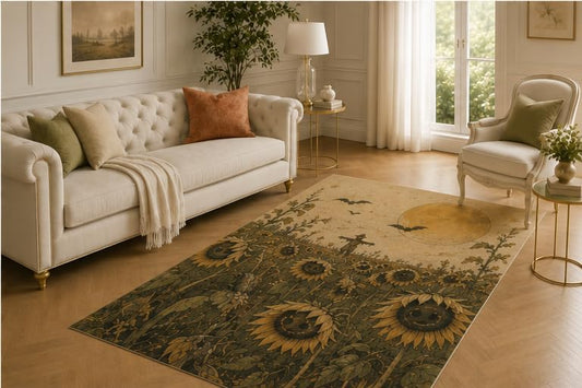 ICE ARMOR 5' x 7' Haunted Sunflower Rug, Smiling Bloom Field Beneath Amber Moon Artwork, Smooth Printed Floor Cover for Living Room, Entryway and Halloween Decor