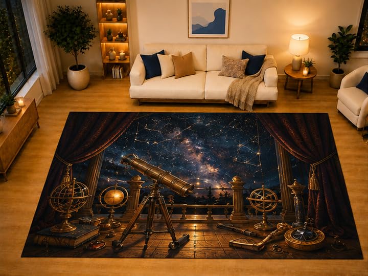 ICE ARMOR "Ultra Light Weight Large 6'7" x 9'10" Celestial Telescope Gothic Area Rug for Living Room Bedroom Dining Area, Soft Low Pile Non-Slip Backing, Navy Black Dark Academia Decor