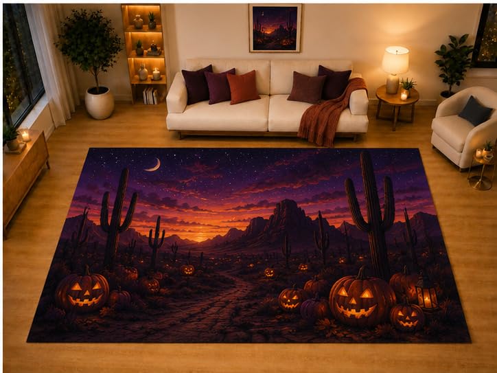 ICE ARMOR "Ultra Light Weight Large 6'7" x 9'10" Desert Pumpkin Halloween Area Rug for Living Room Bedroom Dining Area, Soft Low Pile Non-Slip Backing, Purple Orange Black Spooky Western Decor
