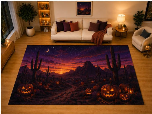 ICE ARMOR "Ultra Light Weight Large 6'7" x 9'10" Desert Pumpkin Halloween Area Rug for Living Room Bedroom Dining Area, Soft Low Pile Non-Slip Backing, Purple Orange Black Spooky Western Decor