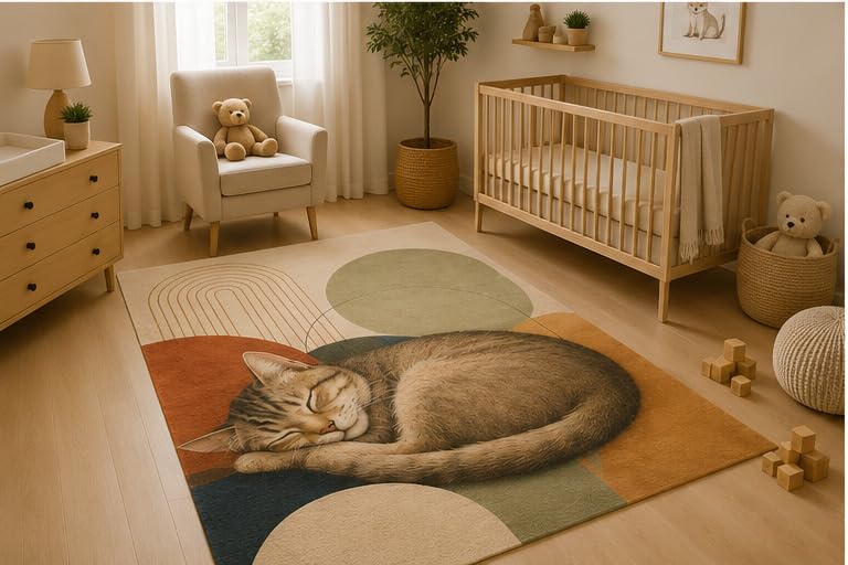 ICE ARMOR 5' x 7' Sleeping Tabby Cat Area Rug, Soft Low Pile Indoor Rug with Non-Slip Silicone Backing, Cozy Pet Carpet for Nursery, Kids Room, Bedroom, Playroom, Kids and Pets, Brown Beige