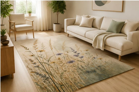 ICE ARMOR 5' x 7' Wildflower Meadow Botanical Area Rug, Soft Low Pile Indoor Rug with Non-Slip Silicone Backing, Floral Decorative Carpet for Living Room, Bedroom, Nursery, Office, Beige Blue