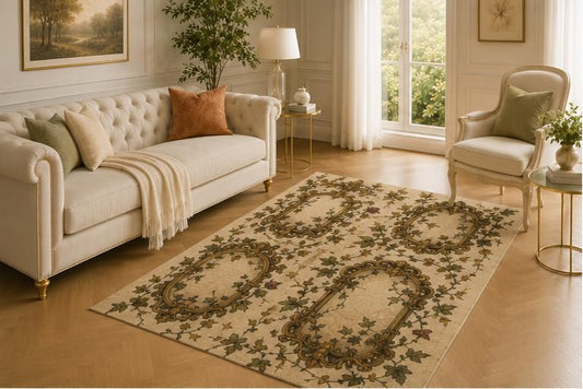 ICE ARMOR 5' x 7' Antique Mirror Rug, Ivy Frame and Thorn Blossom Artwork, Smooth Printed Floor Cover for Lounge, Bedroom, Hallway and Vintage Cottage Decor