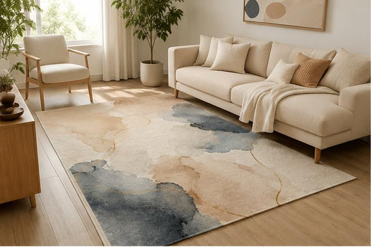 ICE ARMOR 5' x 7' Modern Watercolor Abstract Area Rug, Soft Low Pile Indoor Rug with Non-Slip Silicone Backing, Contemporary Carpet for Living Room, Bedroom, Office, Family Room, Blue Beige