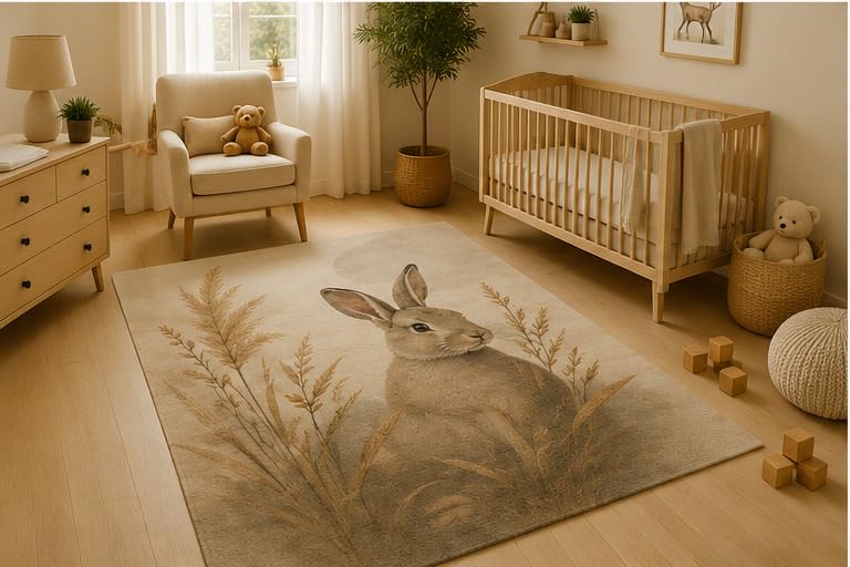 ICE ARMOR 5' x 7' Woodland Rabbit Meadow Area Rug, Soft Low Pile Indoor Rug with Non-Slip Silicone Backing, Cute Bunny Carpet for Nursery, Kids Room, Playroom, Bedroom, Kids and Pets, Beige Brown