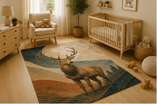 ICE ARMOR 5' x 7' Majestic Stag Forest Area Rug, Soft Low Pile Indoor Rug with Non-Slip Silicone Backing, Woodland Deer Carpet for Living Room, Bedroom, Nursery, Family Room, Brown Blue