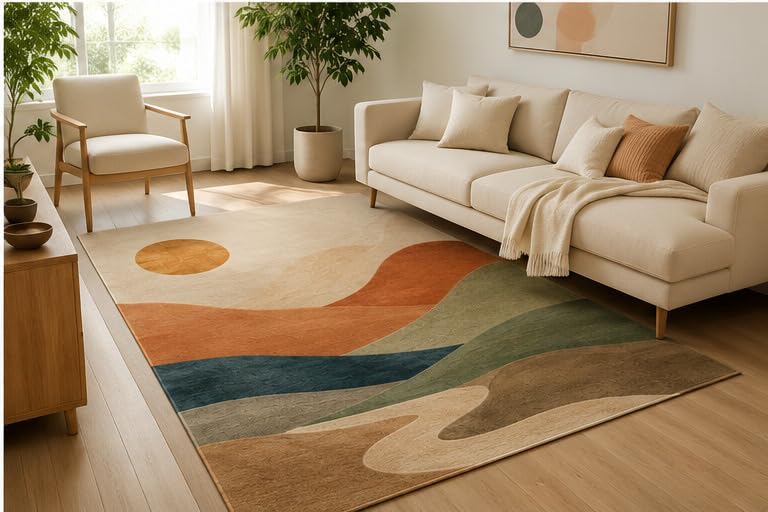 ICE ARMOR 5' x 7' Modern Abstract Area Rug, Soft Low Pile Indoor Rug with Non-Slip Silicone Backing, Contemporary Carpet for Living Room, Bedroom, Dining Room, Office, Green Blue