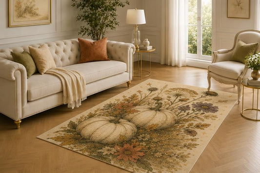 ICE ARMOR 5' x 7' White Pumpkin Rug, Autumn Wildflower Harvest Artwork, Smooth Printed Floor Cover for Living Room, Bedroom, Entryway and Farmhouse Decor